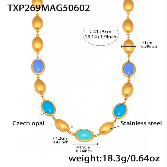 Ins Style Stainless Steel Czech Opal Faceted Stone Jewelry Set Necklace Bracelet Earrings