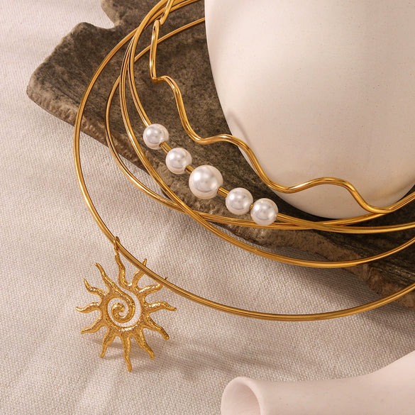 Ins Style Stainless Steel 18K Gold Plated Wavy Sunflower Bow Pearl Pendant Simple Necklace With Vacuum Plating In Furnace For Women