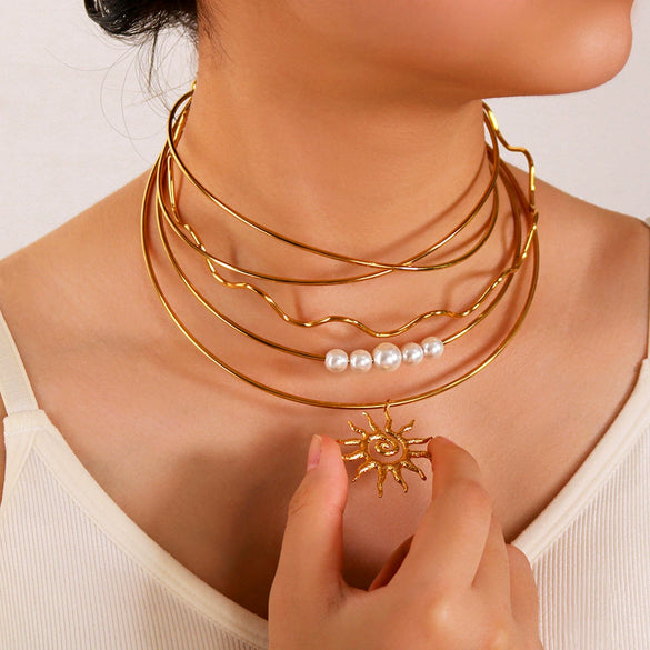 Ins Style Stainless Steel 18K Gold Plated Wavy Sunflower Bow Pearl Pendant Simple Necklace With Vacuum Plating In Furnace For Women