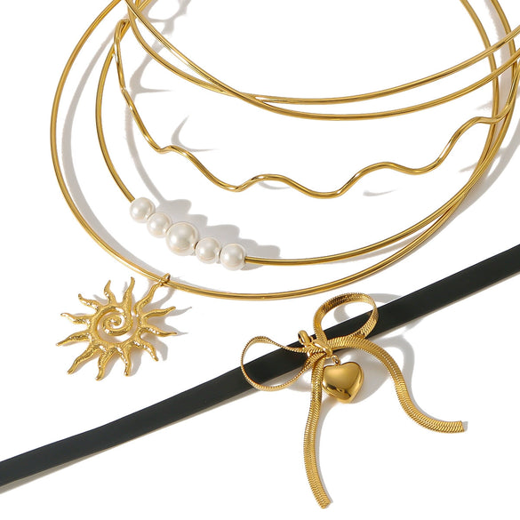 Ins Style Stainless Steel 18K Gold Plated Wavy Sunflower Bow Pearl Pendant Simple Necklace With Vacuum Plating In Furnace For Women