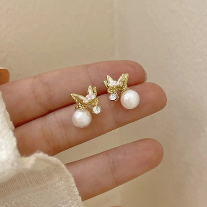 Ins Style Sweet Heart Shape Flower Butterfly Alloy Enamel Plating Inlay Rhinestones Pearl Women'S Drop Earrings Ear Studs