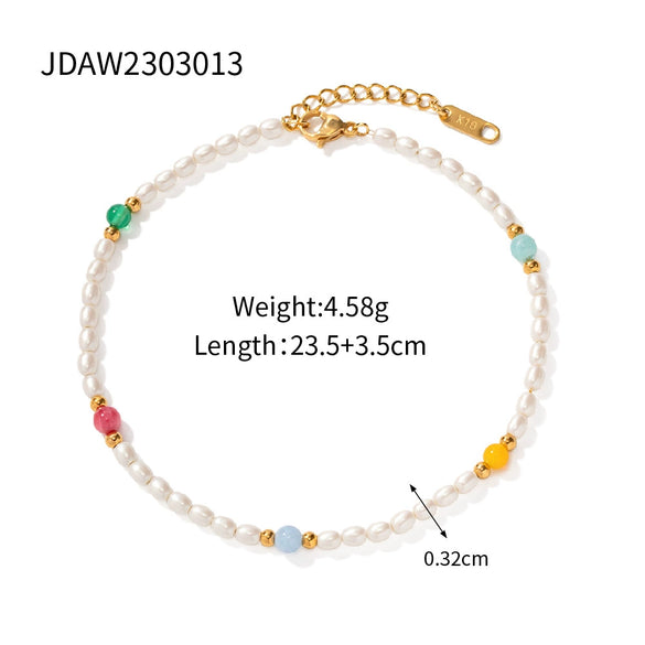 Ins Style Women's Stainless Steel And Titanium Steel Anklet With Colorful Natural Stone Pearl Beads And Geometric Shell Inlay