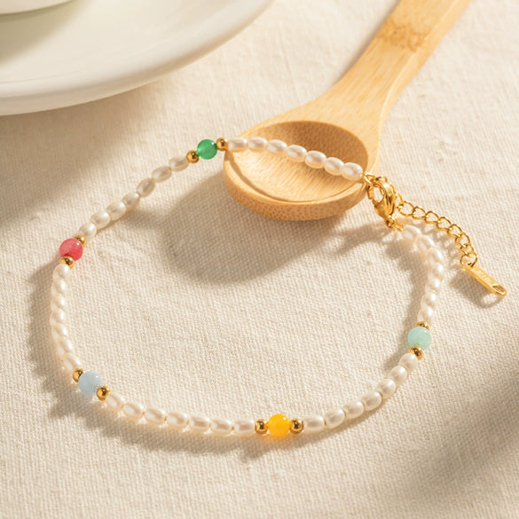 Ins Style Women's Stainless Steel And Titanium Steel Anklet With Colorful Natural Stone Pearl Beads And Geometric Shell Inlay