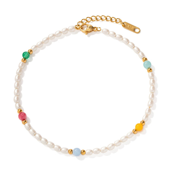 Ins Style Women's Stainless Steel And Titanium Steel Anklet With Colorful Natural Stone Pearl Beads And Geometric Shell Inlay