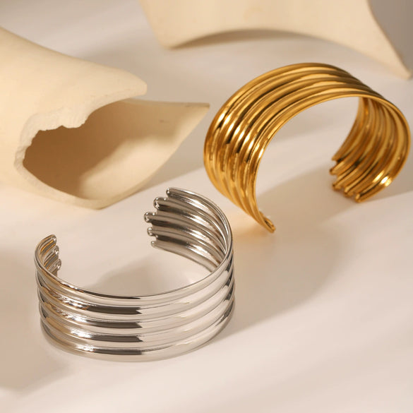 Ins Stylish Exaggerated Multilayered Glossy Titanium Steel Open Bracelet Electroplated 18K Gold Does Not Fade