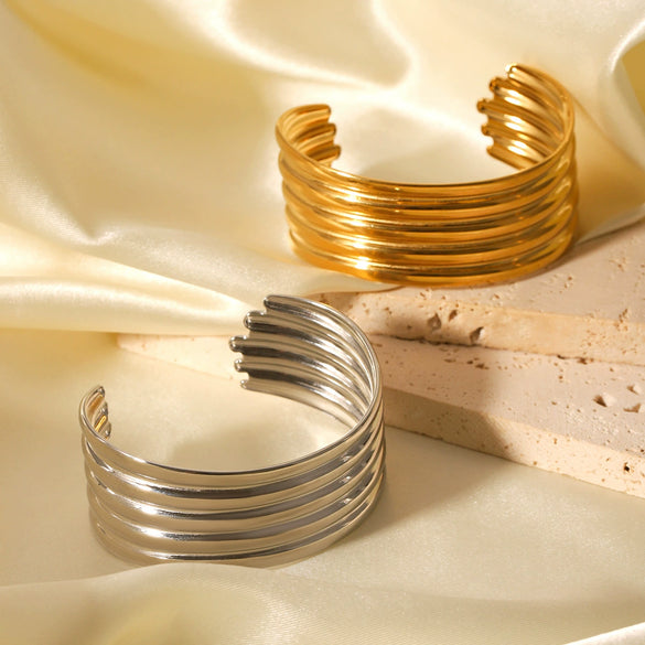 Ins Stylish Exaggerated Multilayered Glossy Titanium Steel Open Bracelet Electroplated 18K Gold Does Not Fade