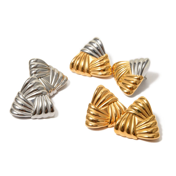 Ins Trendy Geometric Stainless Steel Woven Texture Colorblock Triangle Earrings Cold Style Electroplated