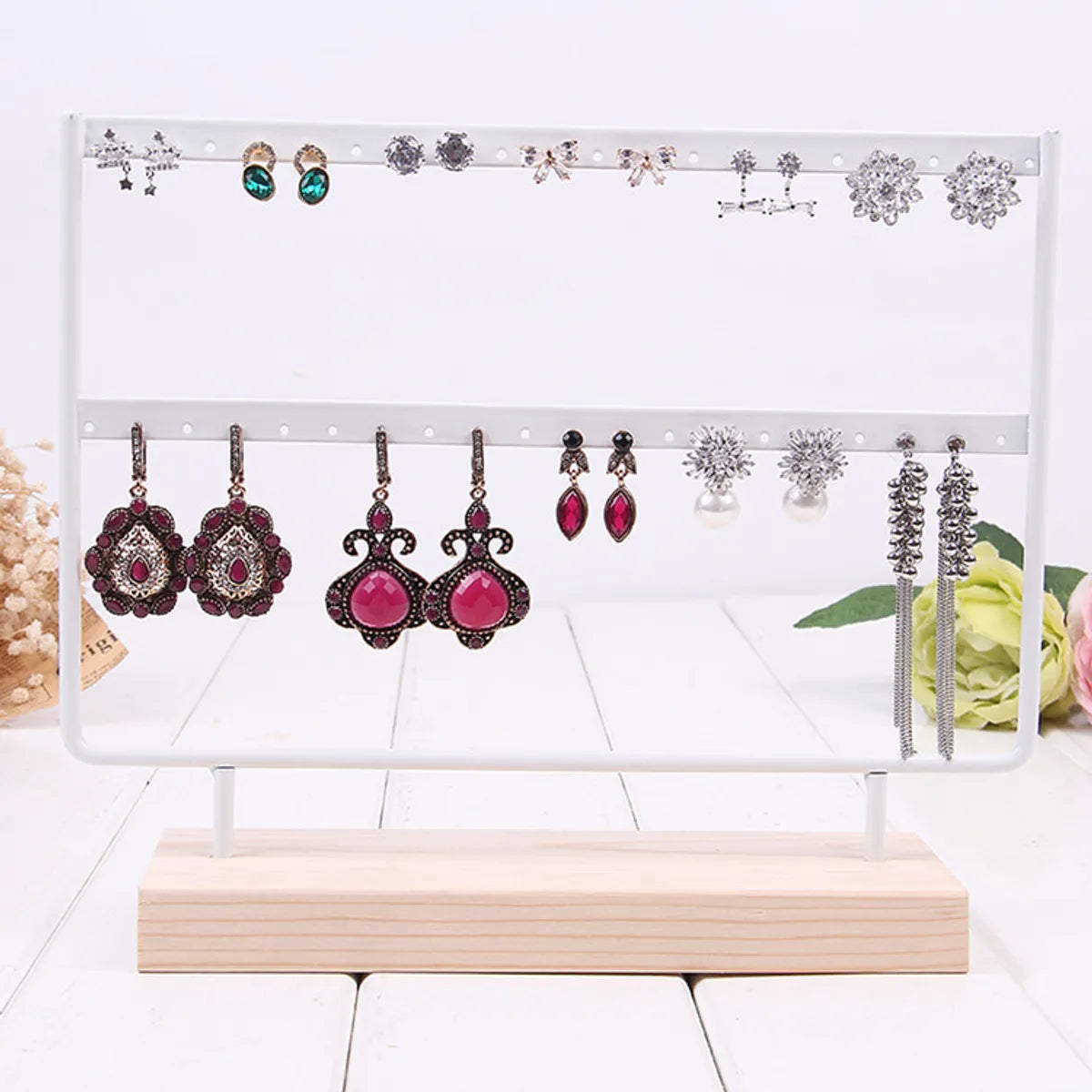 Simple Style Rectangle Solid Wood Metal Jewelry Display Jewelry Rack