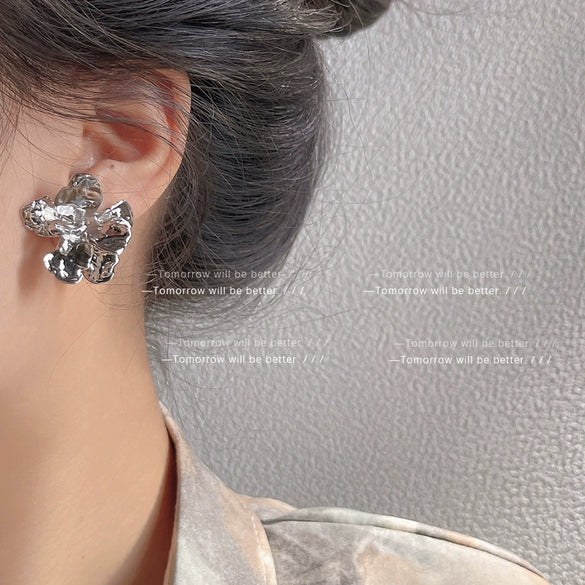 Irregular Three Dimensional Copper Flower Stud Earrings For Women Electroplated Floral Fashion Ear Jewelry
