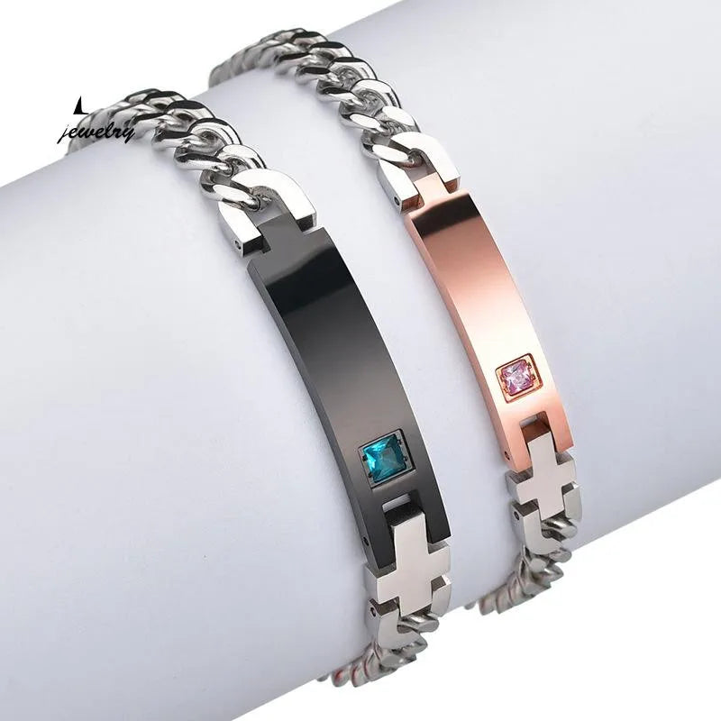 Lettering Bracelet Stainless Steel Chain Diamond Couple Id Bracelet