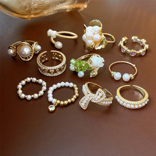 Japanese Style Flower Copper Plating Inlay Artificial Crystal Freshwater Pearl Open Ring