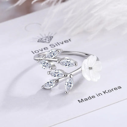 Japanese Style Flower Copper Plating Inlay Zircon White Gold Plated Rings