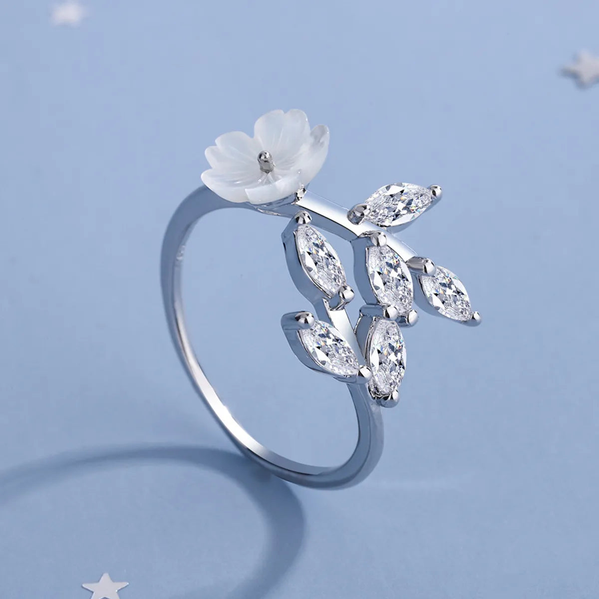 Japanese Style Flower Copper Plating Inlay Zircon White Gold Plated Rings