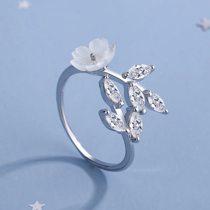 Japanese Style Flower Copper Plating Inlay Zircon White Gold Plated Rings