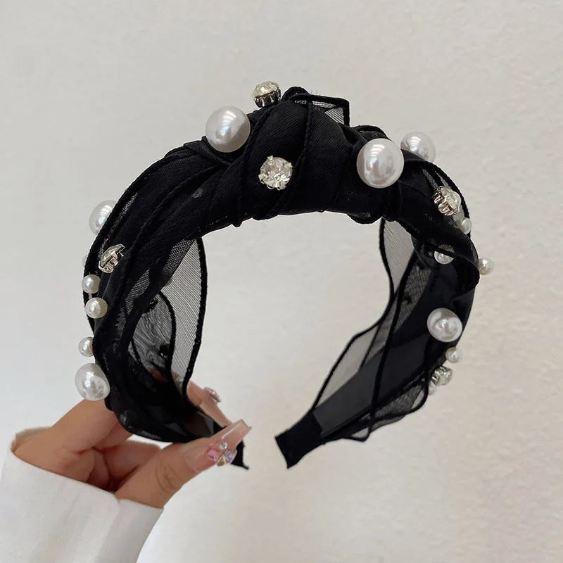 Japanese Style Solid Color Cloth Inlay Artificial Pearls Rhinestones Hair Band