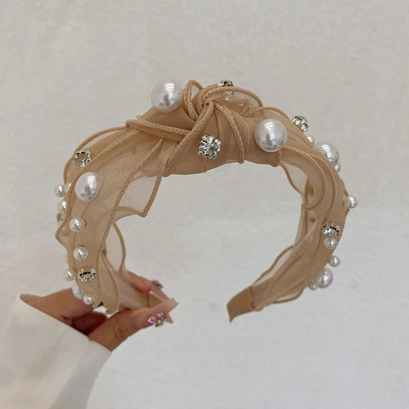 Japanese Style Solid Color Cloth Inlay Artificial Pearls Rhinestones Hair Band