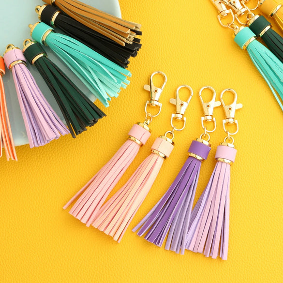 Jewelry Accessories Baotou Leather Bell Hat Tassel Edge Long Tassel Pu Artificial Leather Tassel Keychain Electroplating Solid Color