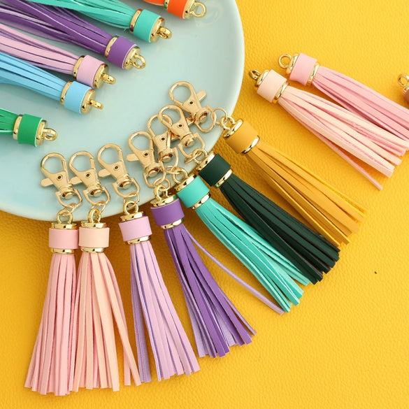 Jewelry Accessories Baotou Leather Bell Hat Tassel Edge Long Tassel Pu Artificial Leather Tassel Keychain Electroplating Solid Color