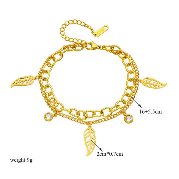 Jewelry Accessories Bracelet Titanium Steel Double Layer Stacked Chain Leaf Pendant Electroplating For Women