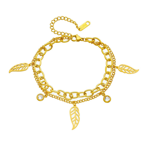 Jewelry Accessories Bracelet Titanium Steel Double Layer Stacked Chain Leaf Pendant Electroplating For Women