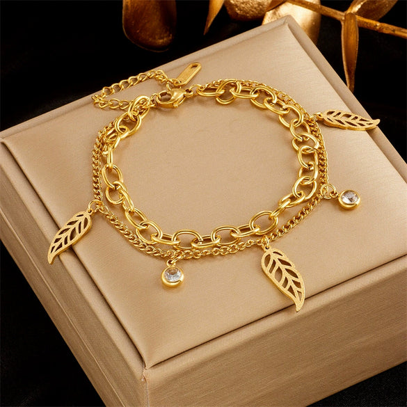 Jewelry Accessories Bracelet Titanium Steel Double Layer Stacked Chain Leaf Pendant Electroplating For Women
