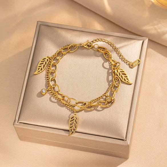 Jewelry Accessories Bracelet Titanium Steel Double Layer Stacked Wearing Leaf Pendant Fuel Injection