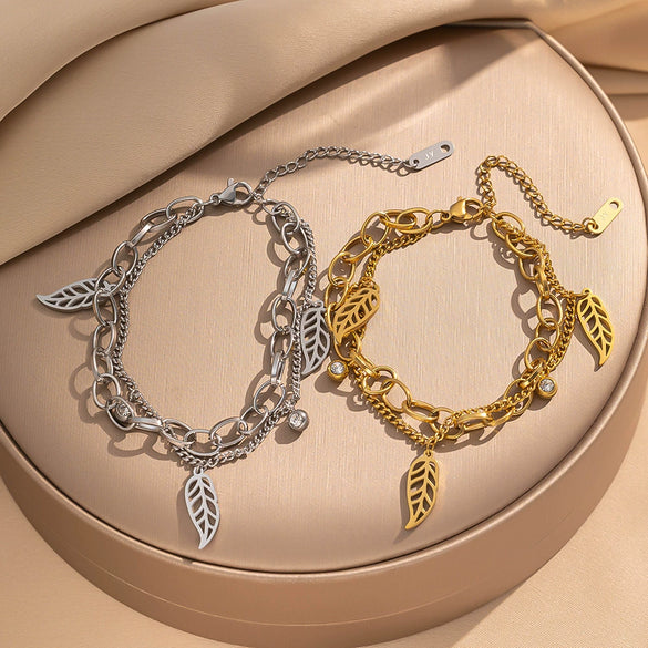 Jewelry Accessories Bracelet Titanium Steel Double Layer Stacked Wearing Leaf Pendant Fuel Injection