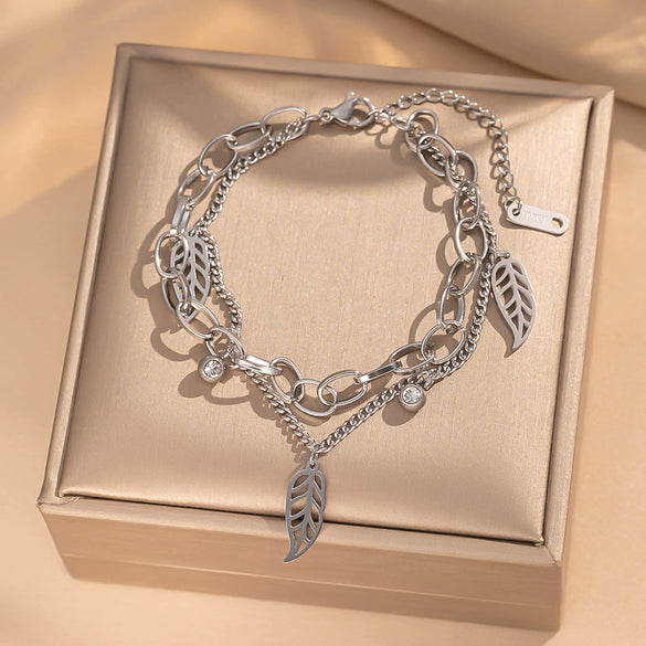 Jewelry Accessories Bracelet Titanium Steel Double Layer Stacked Wearing Leaf Pendant Fuel Injection