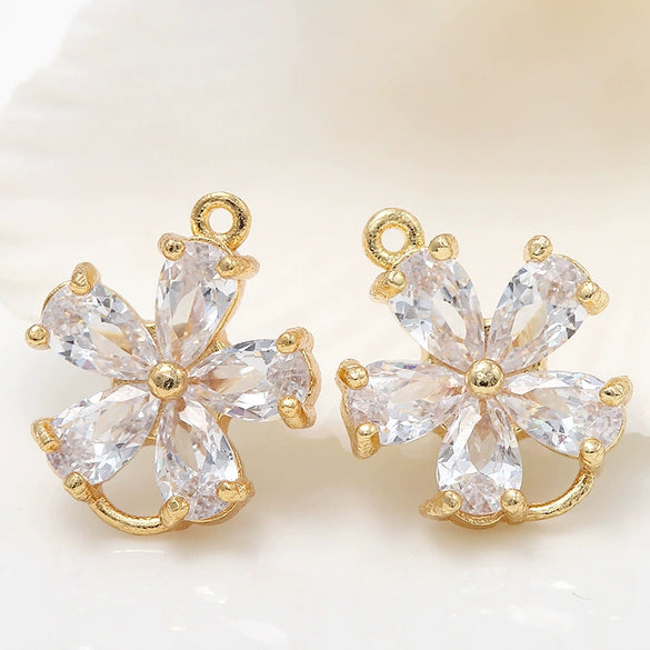 Jewelry Accessories Copper Electroplated 14K Gold Inlaid Zircon Bow And Fivepetal Flower Double Hanging Connector