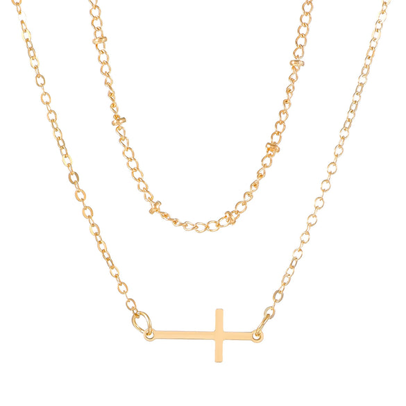 Jewelry Accessories Double Layer Beaded Cross Necklace Alloy Geometric Gold Plated