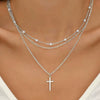 Jewelry Accessories Double Layer Beaded Cross Necklace Alloy Geometric Gold Plated