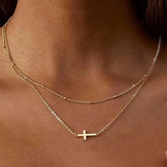 Jewelry Accessories Double Layer Beaded Cross Necklace Alloy Geometric Gold Plated