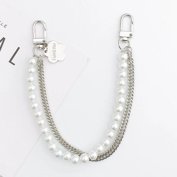 Jewelry Accessories Metal And Pearl Double Chain Strip Flower Handmade Beaded Portable For Mobile Phone Shell