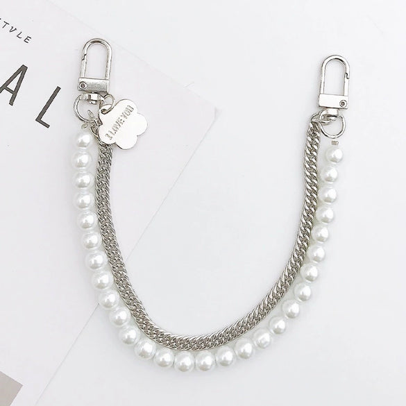 Jewelry Accessories Metal And Pearl Double Chain Strip Flower Handmade Beaded Portable For Mobile Phone Shell