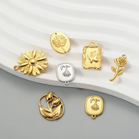 Jewelry Accessories Rose Pendant Retro Flower Stainless Steel Irregular Electroplated Diy Handmade Earrings Necklace