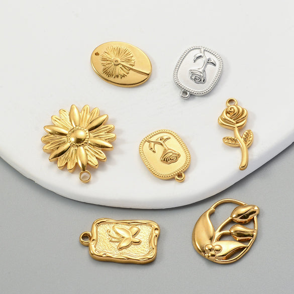 Jewelry Accessories Rose Pendant Retro Flower Stainless Steel Irregular Electroplated Diy Handmade Earrings Necklace