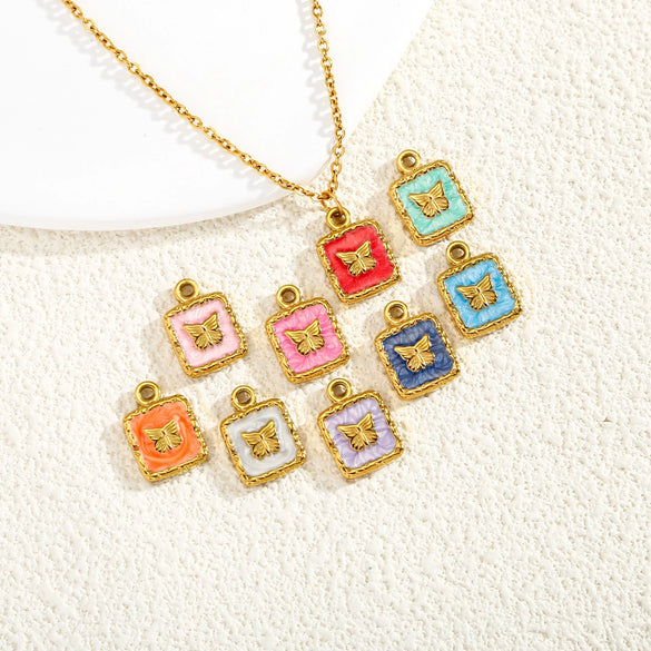 Jewelry Accessories Stainless Steel Enamel Square Butterfly Pendant Dripping Oil Style