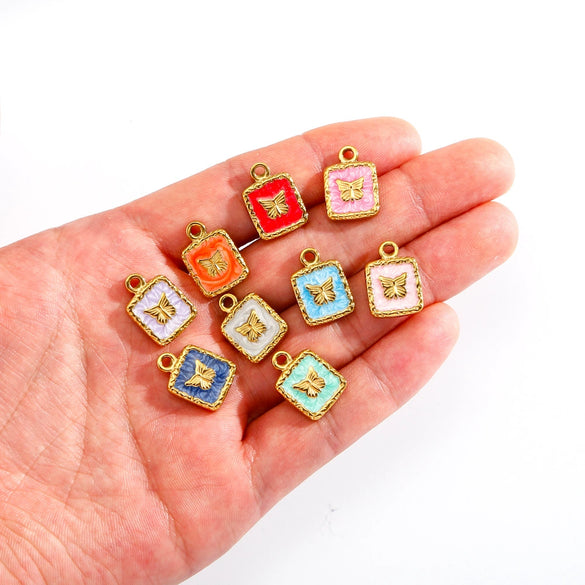Jewelry Accessories Stainless Steel Enamel Square Butterfly Pendant Dripping Oil Style