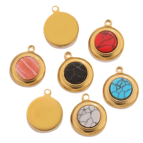 Jewelry Accessories Stainless Steel Gold Plated Natural Stone Round Bohemian Flat Back Charm Pendant Diy Earrings With Fish Pattern Retro Style