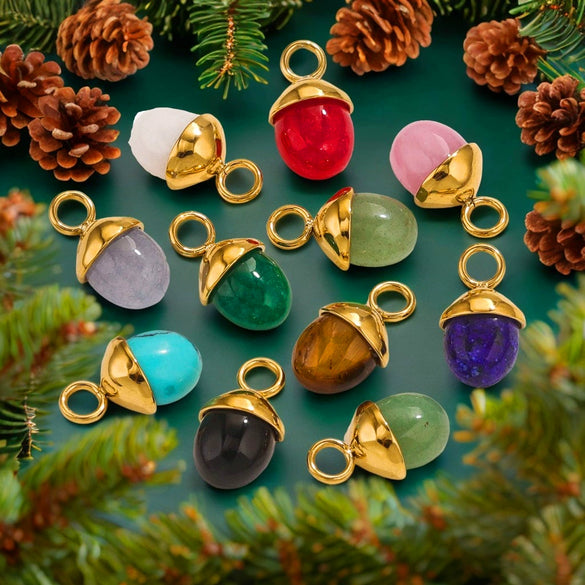 Jewelry Accessories Stainless Steel Natural Stone Pine Cone And Oval Shaped Pendant Electroplated 18K Gold