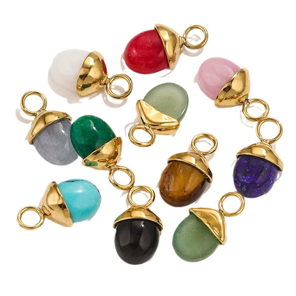 Jewelry Accessories Stainless Steel Natural Stone Pine Cone And Oval Shaped Pendant Electroplated 18K Gold