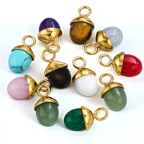 Jewelry Accessories Stainless Steel Natural Stone Pine Cone And Oval Shaped Pendant Electroplated 18K Gold