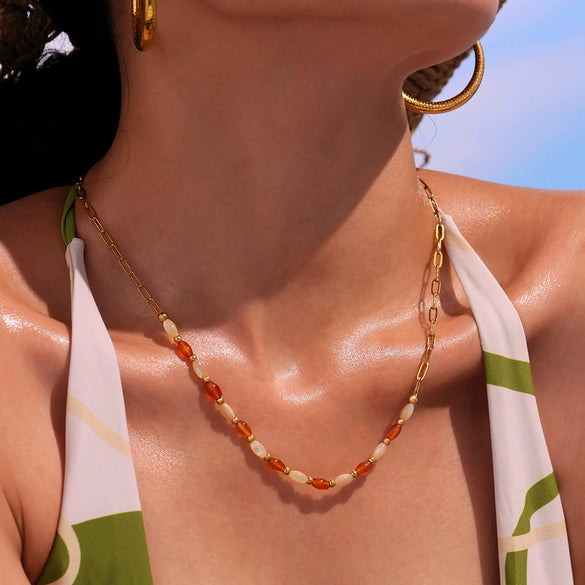 Jewelry Agate String Shell Bead Necklace Stainless Steel Chain Titanium Steel Pendant Plated With Real Gold Kitty Animation Protagonist Design