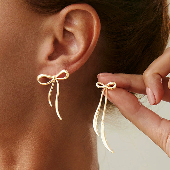 Jewelry Alloy Asymmetrical Geometric Oval Bow Pleated Cut Out Electroplated Earrings For Women