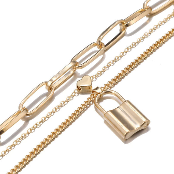 Jewelry Alloy Ball Chain Geometric Lock Love Handmade Necklace Unisex Retro Multilayer Simple Exaggerated