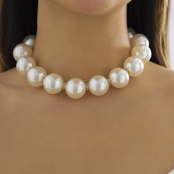 Jewelry Alloy Ball Chain Retro Geometric Style Electroplating Beaded Rhinestone Imitation Pearl Necklace For Women