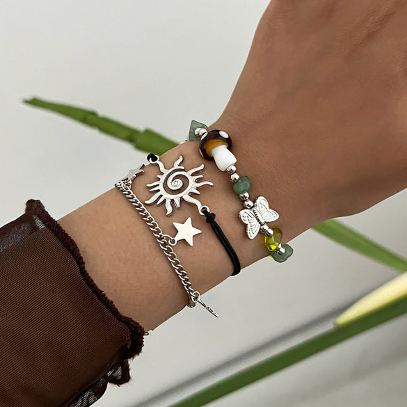 Jewelry Alloy Beaded Bracelet With Mushroom Butterfly Pendant Animal Zodiac Star Geometric Electroplating For Women