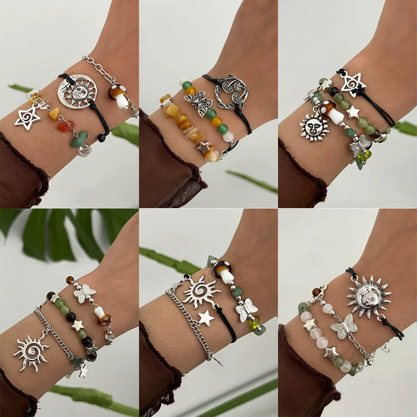 Jewelry Alloy Beaded Bracelet With Mushroom Butterfly Pendant Animal Zodiac Star Geometric Electroplating For Women