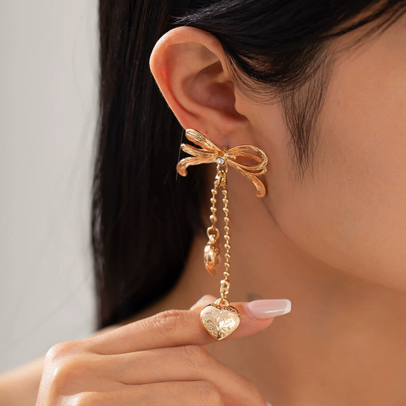 Jewelry Alloy Ccb Copper Chain Heart Shape Bow Tassel Bead Long Earrings For Women