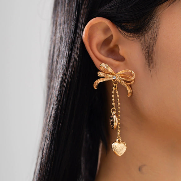 Jewelry Alloy Ccb Copper Chain Heart Shape Bow Tassel Bead Long Earrings For Women